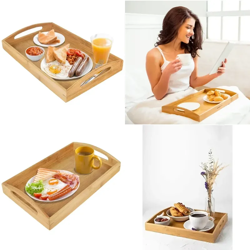Modern bamboo multi-purpose tray with handle for Ottoman decoration, sustainable and food-grade compliant