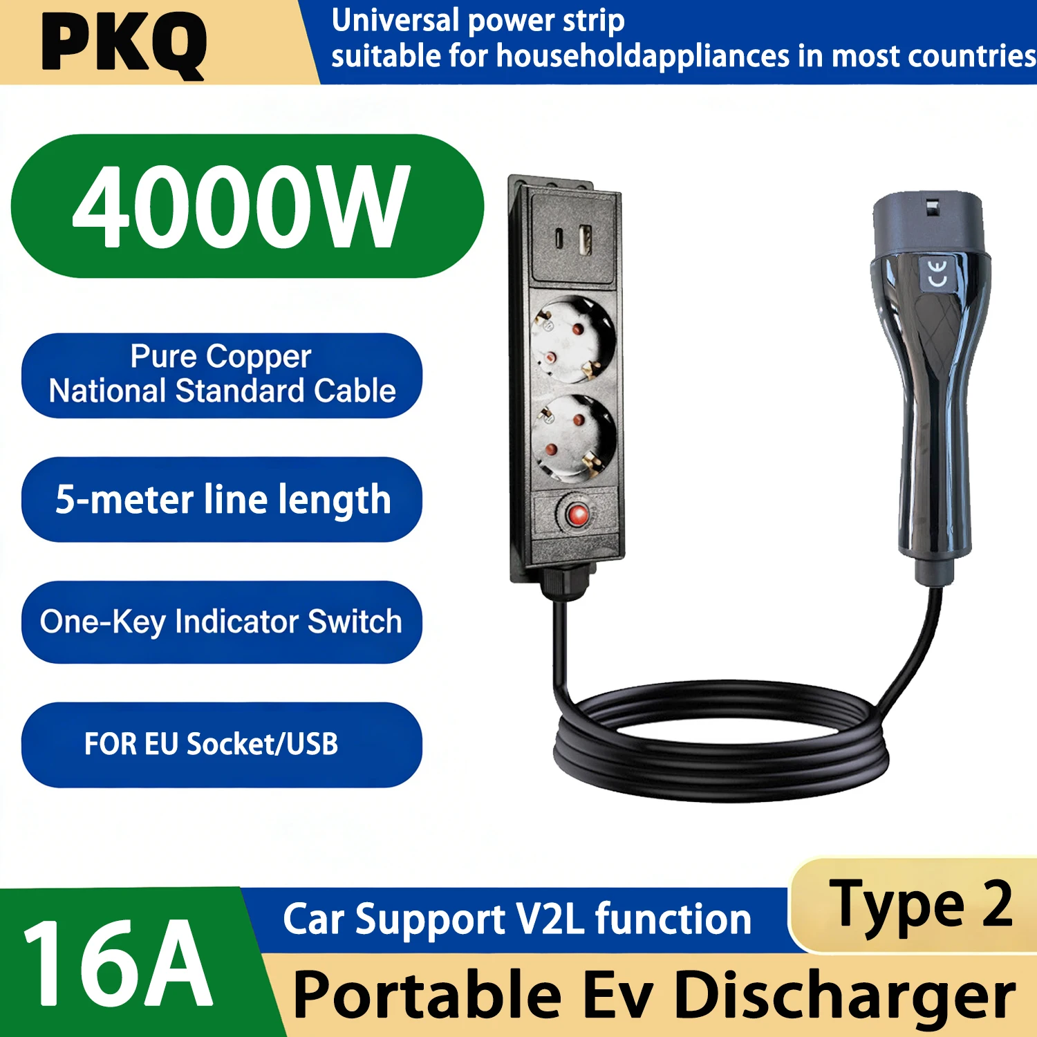 

Кабель для разрядки Type 2 V2L, 4 кВт, с европейской вилкой (с USB), совместим с BYD, Renault, Jaecoo, Omoda, MG4, Hyundai, 16А, разрядное устройство IEC62196-2