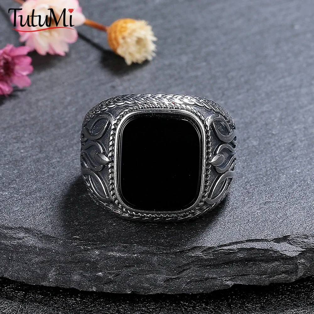 925 Sterling Silver Jewelry Ring Natural 11*13mm Black Agate Vintage Ring For Man Women Party Gifts