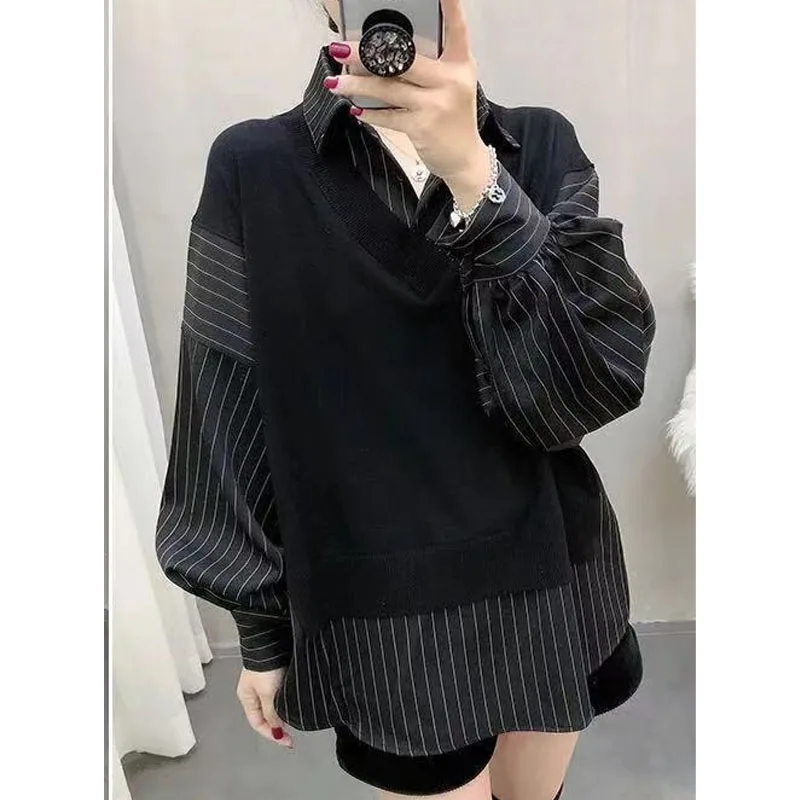 New Spring and Autumn Korean Edition Spliced Shirt Fake Two Pieces Loose Versatile Slim Long Sleeve Casual Women\'s Sweater