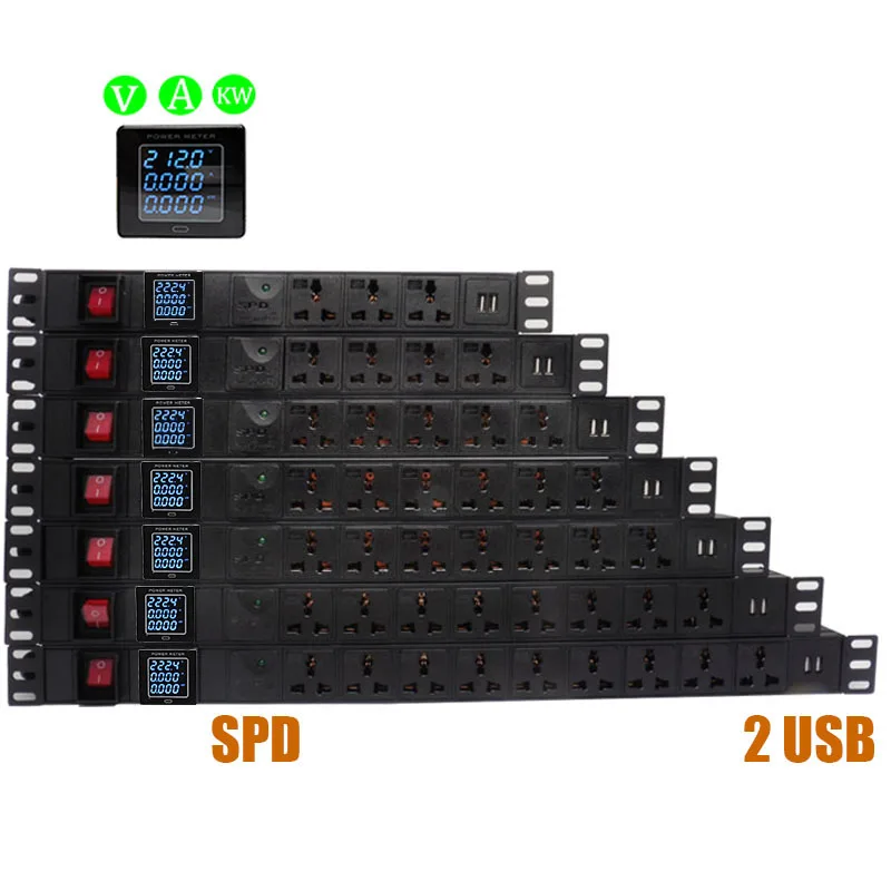 3500W Cabinet Rack Mount Power Distribution Unit Universal Socket Switch Current Voltmeter Power Meter SPD Protection 2USB