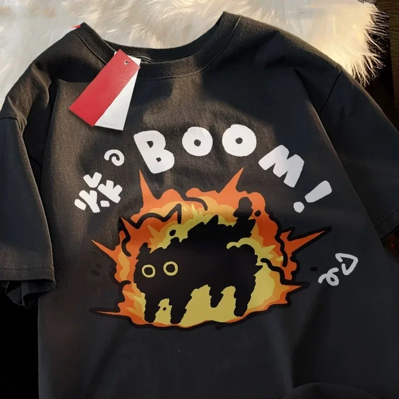 

Мужская хлопковая футболка ZAZOMDE Boom Cat с графическим принтом в стиле ретро, дышащая летняя повседневная одежда большого размера, уличная модная футболка
