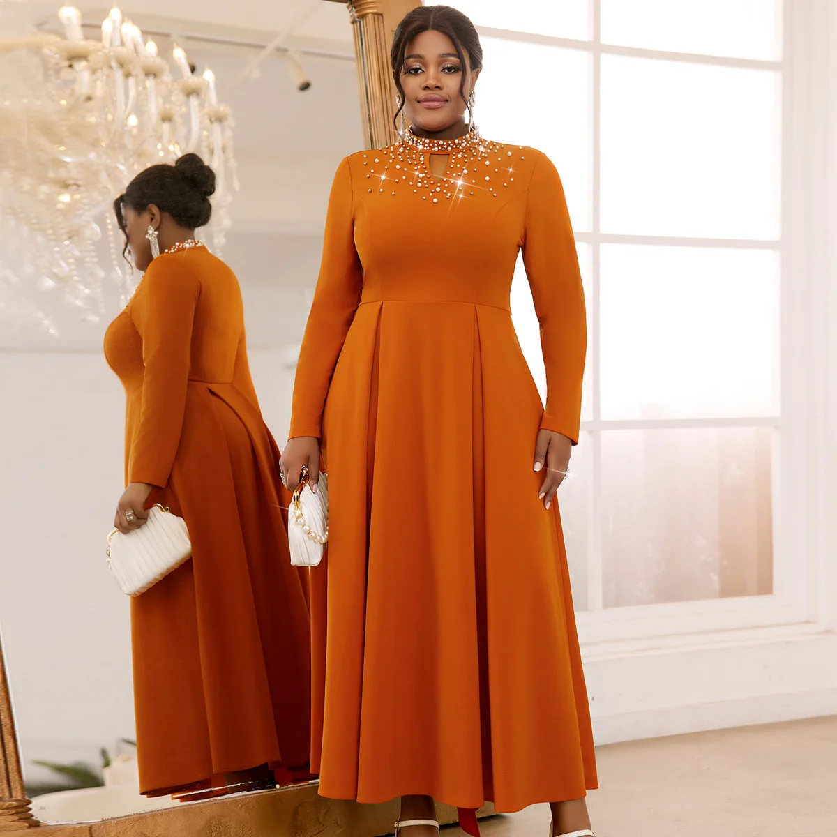 

African Dresses for Woman African Clothing Bromn O Neck Beading Long Sleeve High Waist Tunic A Line Elegant Party Birthday