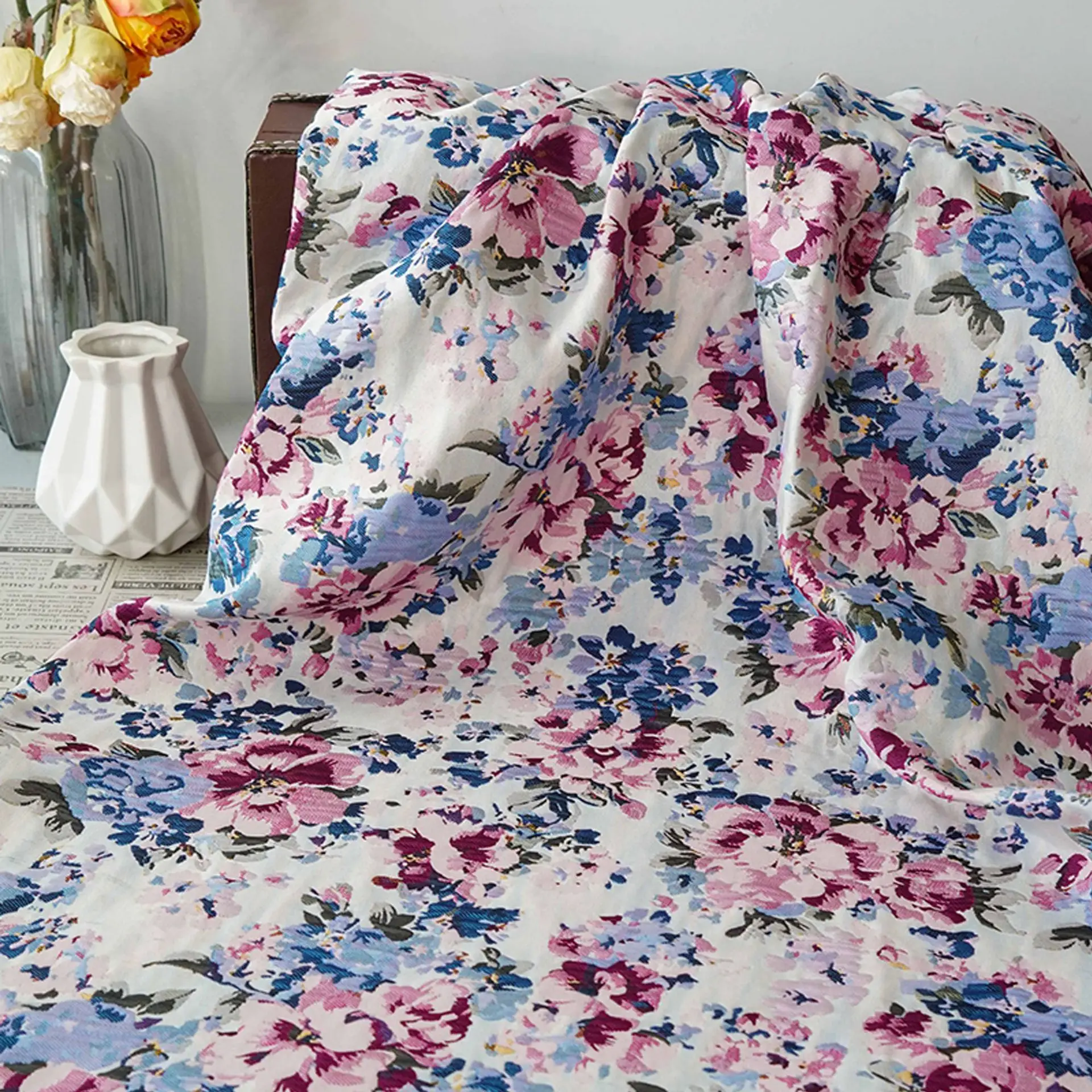 

Embossed Blue Pink Floral Jacquard Fabric Evening Gown Vest Suit Throw Pillow Decorative Sewing Fabric