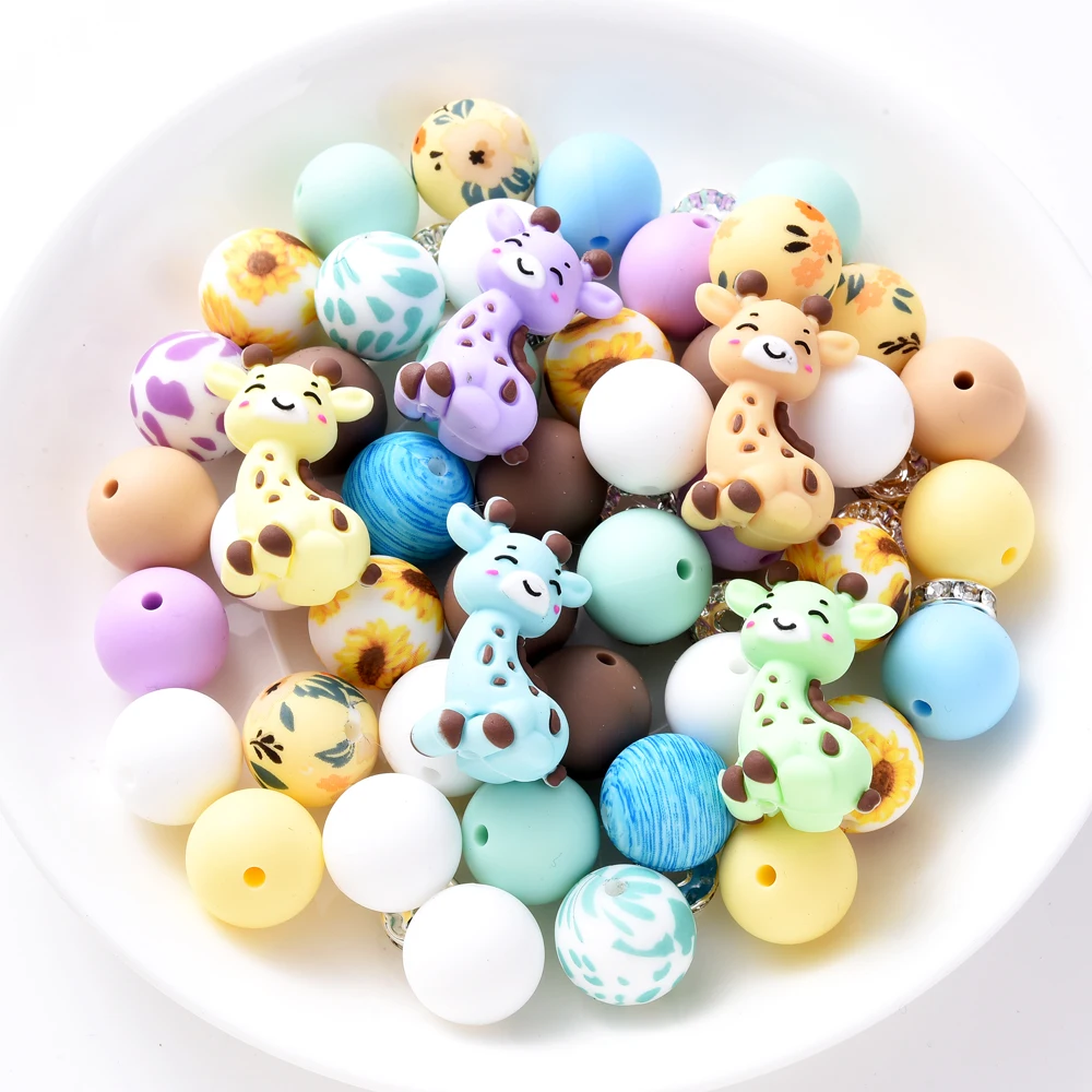 28Pcs Animal Silicone Giraffe Beads Round Beads Set Pacifier Chain Making Bead For DIY Baby Jewelry Bracelet Pendant Bead