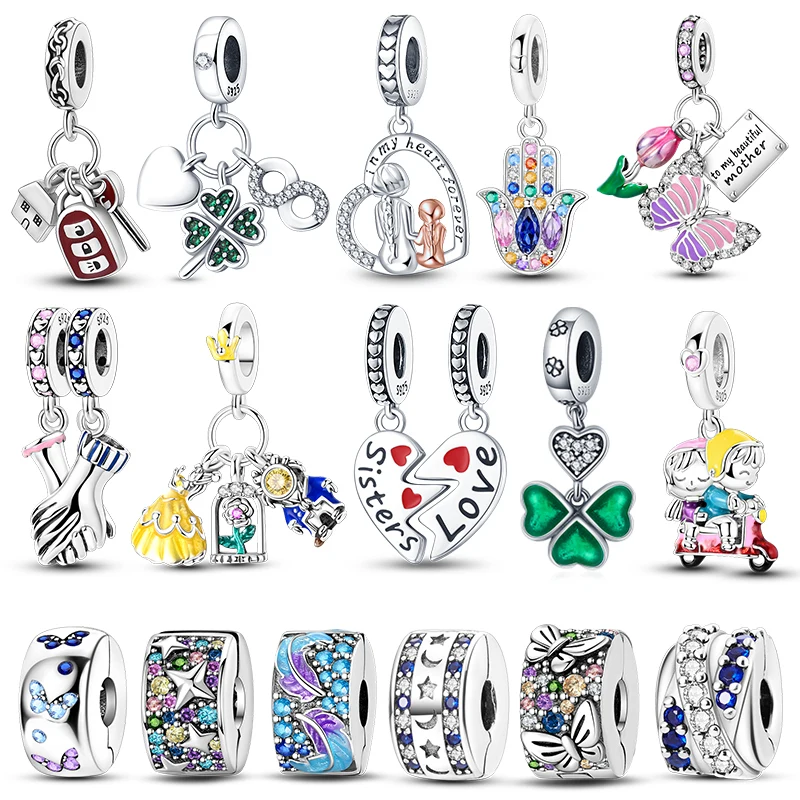 

Silver Clasp 925 Sterling Silver CZ pave Clip Charms Butterfly Bead Mother Love Dangle fit Original Bangle Bracelet Jewelry Clip