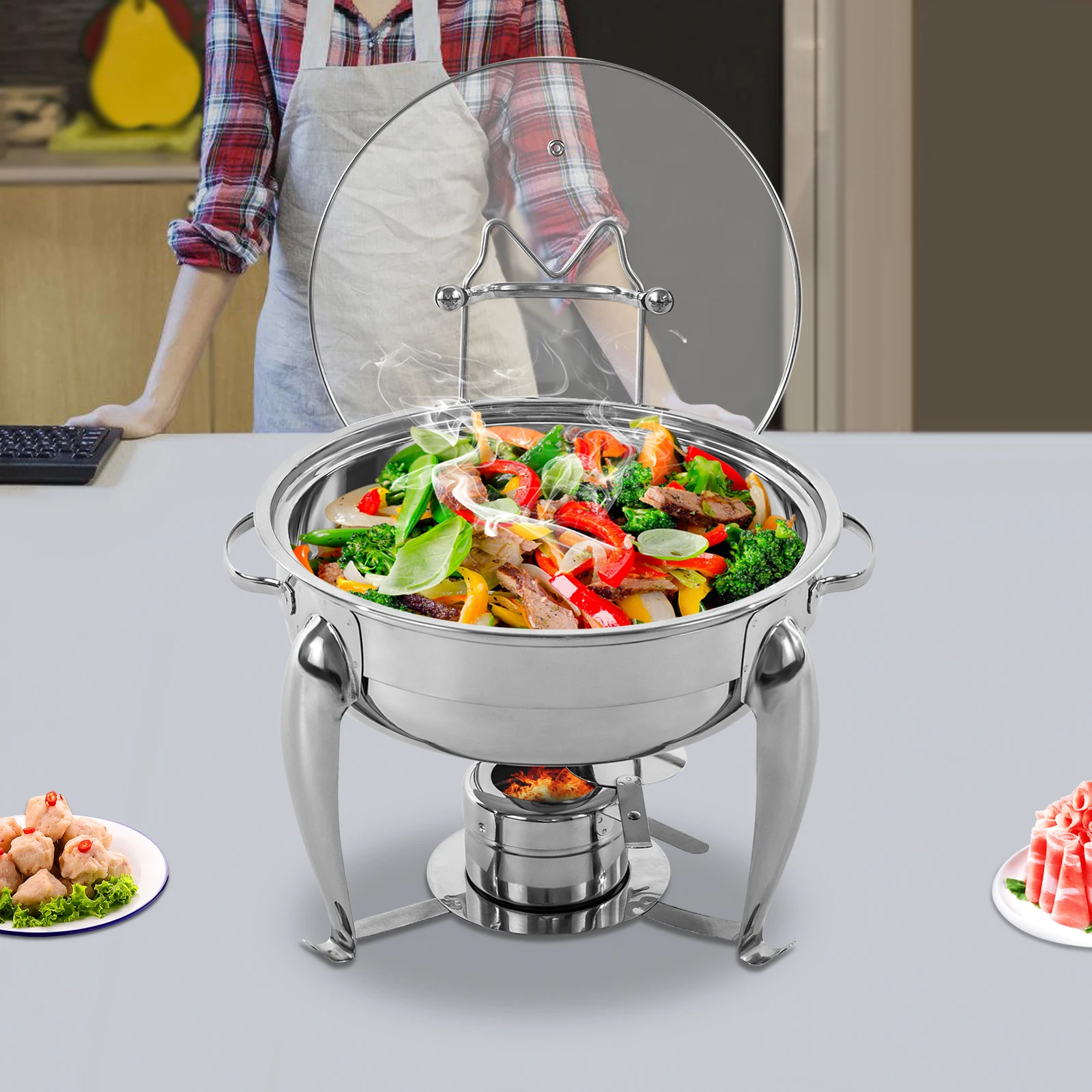 

4.23qt Round Chafing Dishes, Buffet Warmer Server Hosting Lid Holder Drip Tray Rolling Feet for Commercial Catering, Hotel