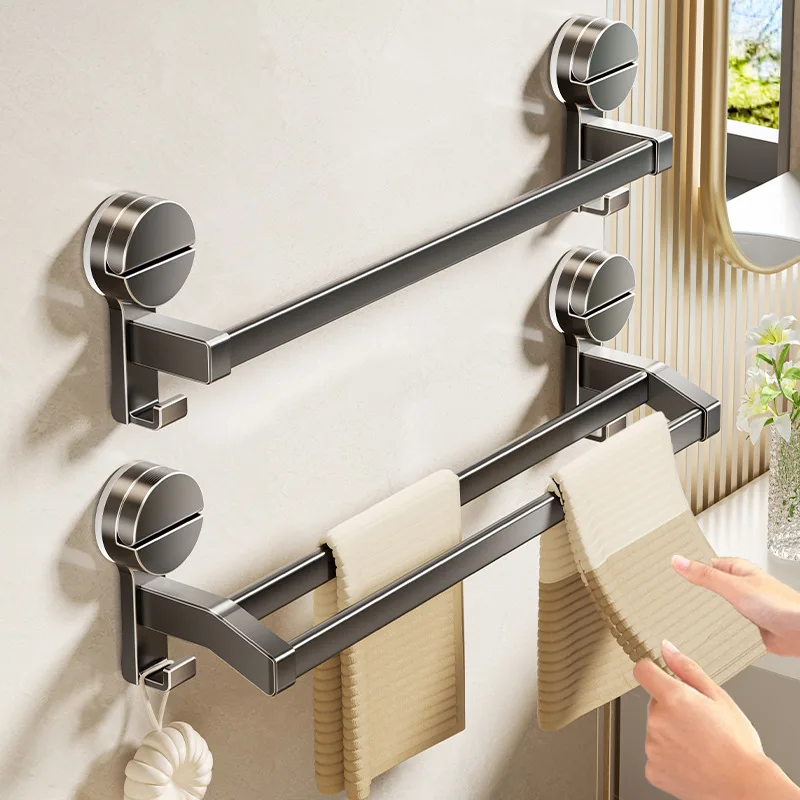 

Bathroom Towel Holder without Drilling Hole Suction Cup Wall Mount Two Bar Hand Towel Rack Kitchen Shower Bath Room Towel Shelf