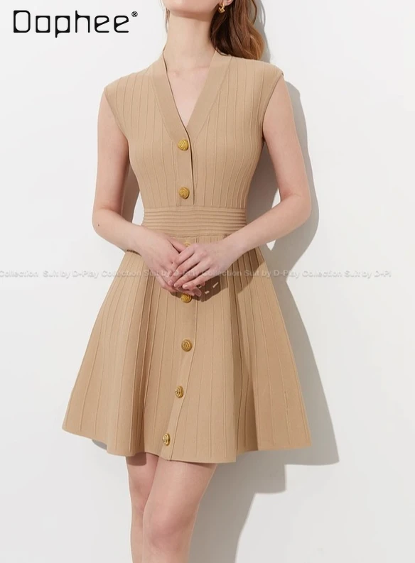 Vestidos de Noche de alta sociedad de estilo francés para mujer, minivestido elegante de oficina con cuello en V y hebilla de Metal, sin mangas, de un solo pecho