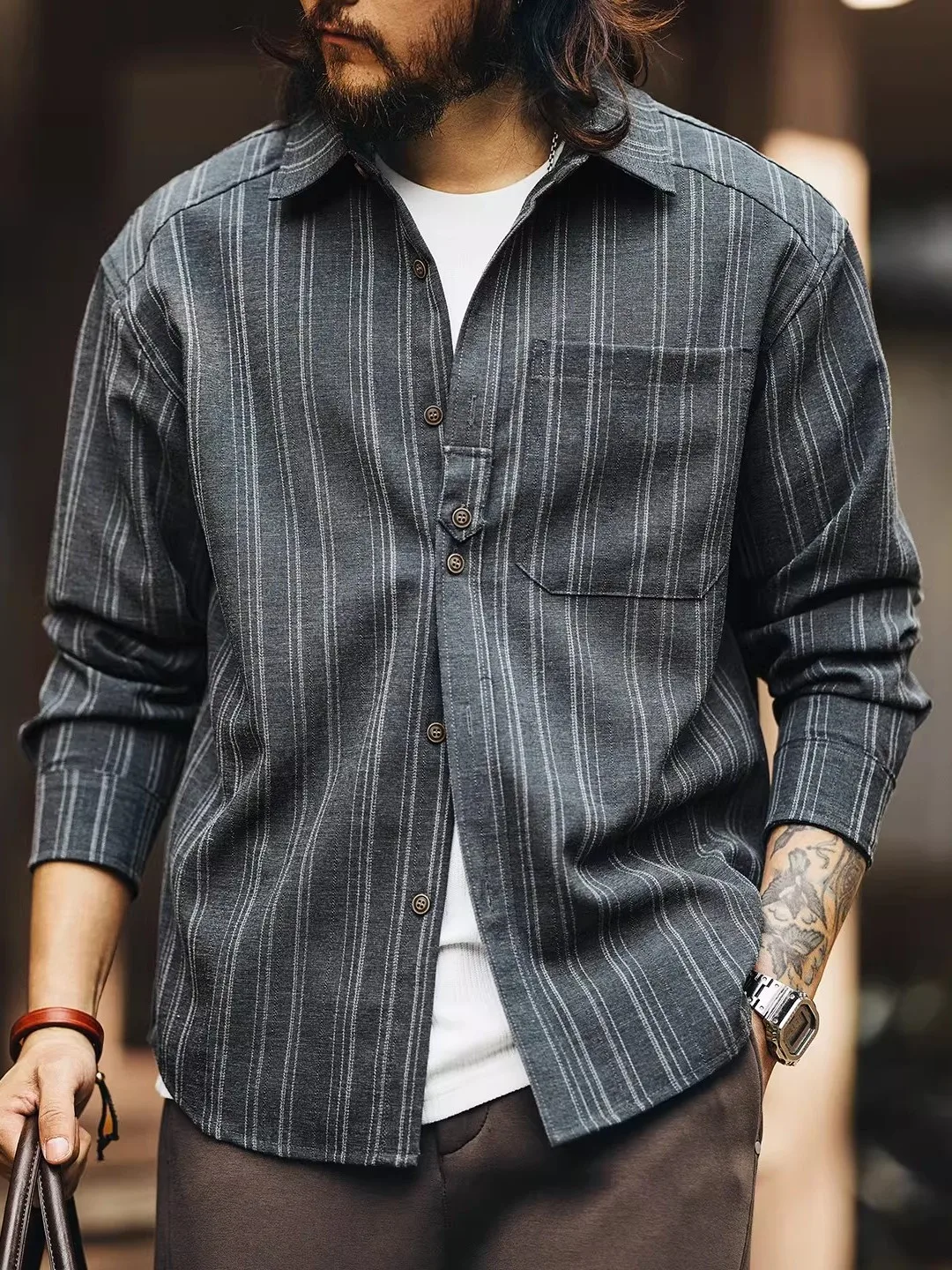 

Large Size American Retro Striped irt Men's Long Sve Color Woven Tead Line Pattern Spring Autumn New Sle Casual irt