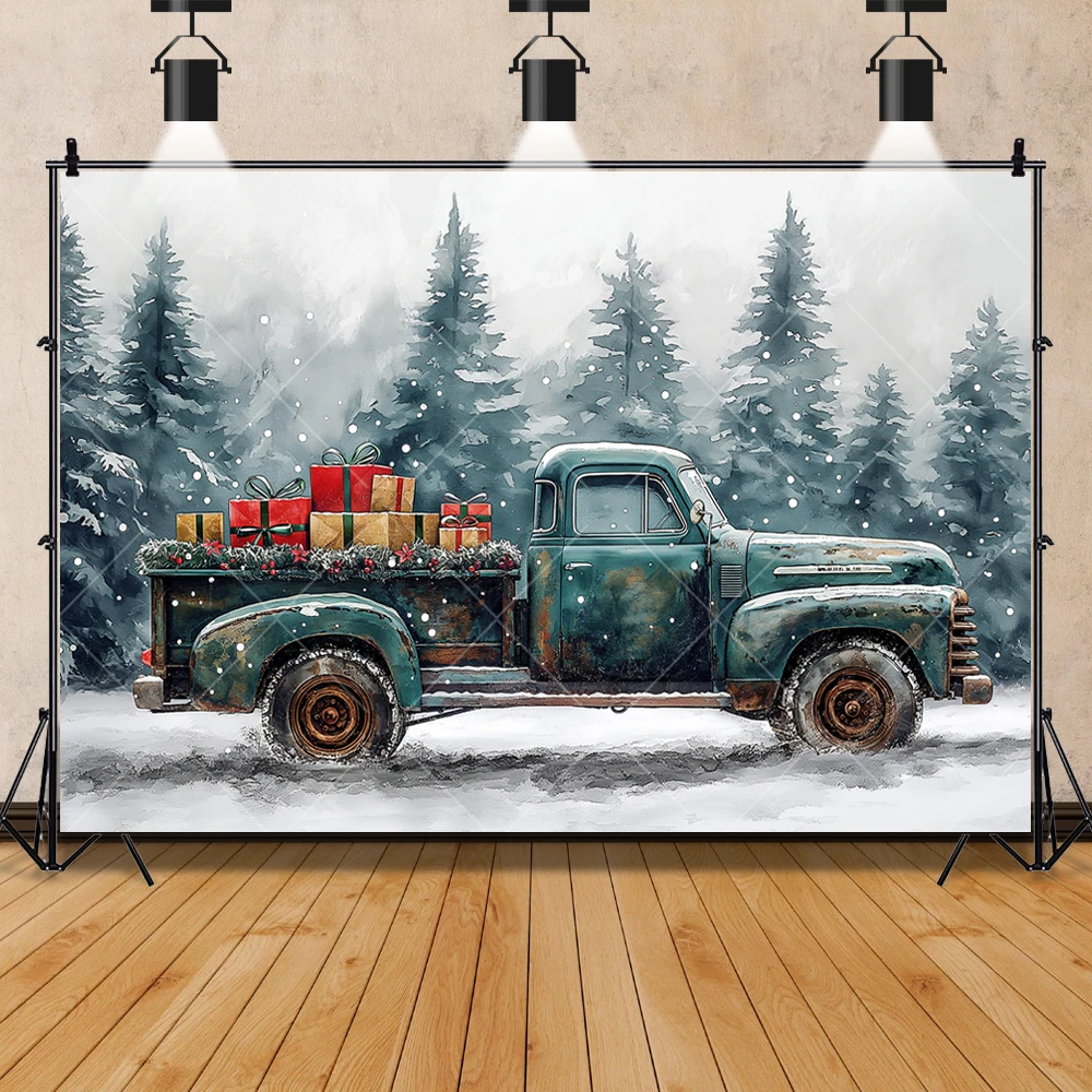 Winter Christmas Green Car Forest Snow Scene Aldult Kid Baby Family Party Backdrop Custom Kid Room Photo Poster Decor Background