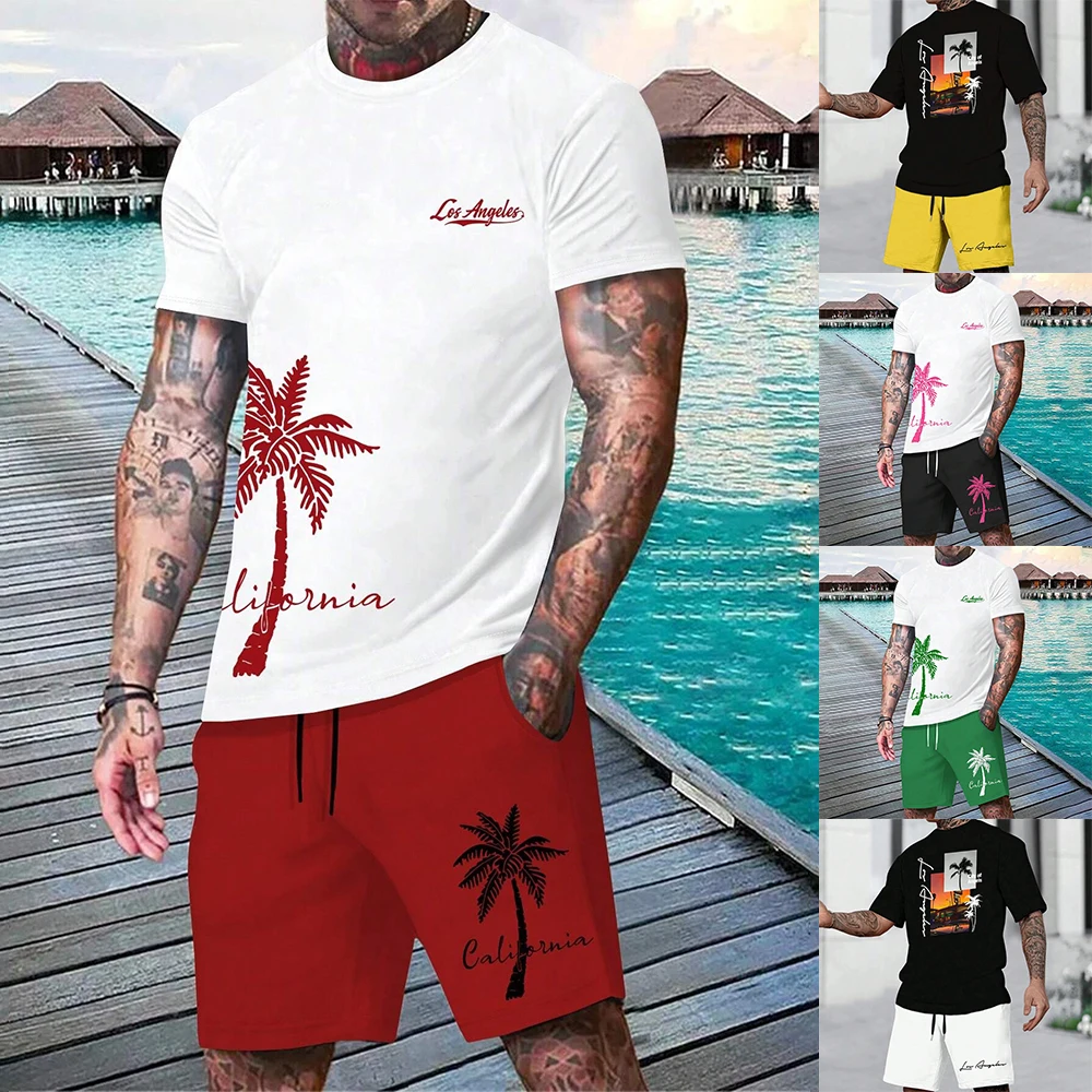 2024 New Men\'s Set Summer Casual Breathable Refreshing Set 3D Printed Coconut Tree Oversized Stylish Men\'s T-shirt Beach Style