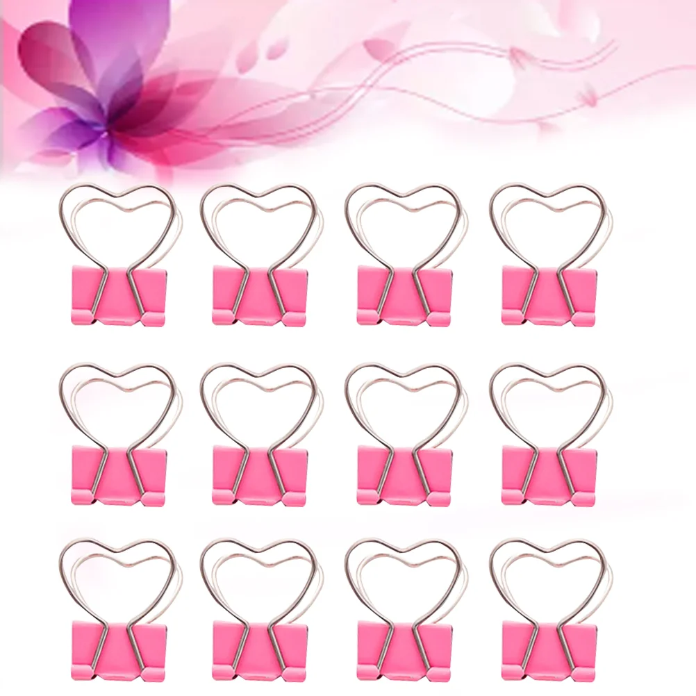 

12pcs Metal Mini Binder Clips with Heart Shaped Handle Decorative Paper Clips Notes Letter Paper Clip for Office Home School (Pi