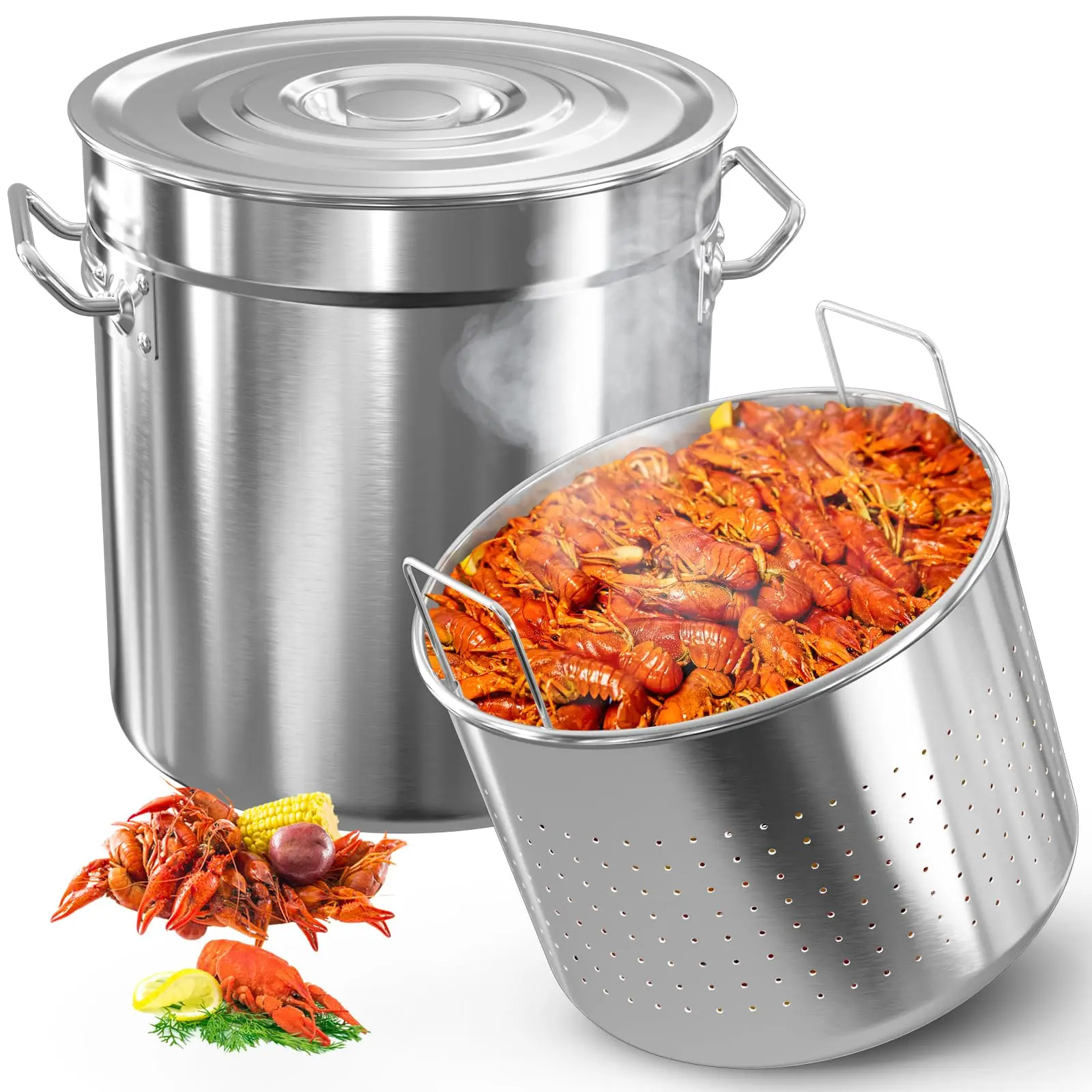 

36/53/74QT Stainless Steel Seafood Boil Pot with Lid,Crab, Lobster, Shrimp Boil Stock with Strainer, Turkey Fryer Pot, Stock Boiler Deep,Fried Cooker for Commercial Outdoors