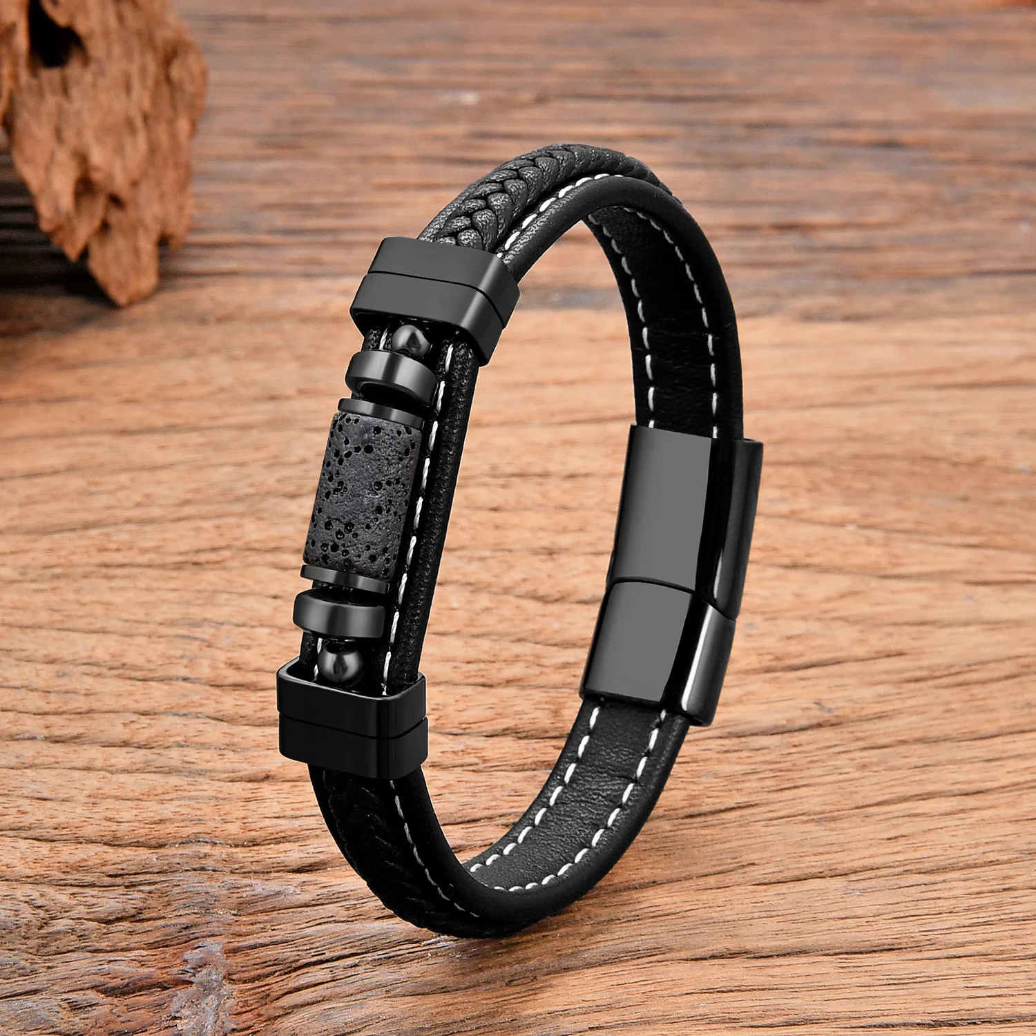 Natürliches Vulkanstein-Armband für Männer und Frauen, Mehrfarbiger Achat-Anhänger, Perlenarmbänder, Modischer Lederschmuck, Großhandel – Detail 9