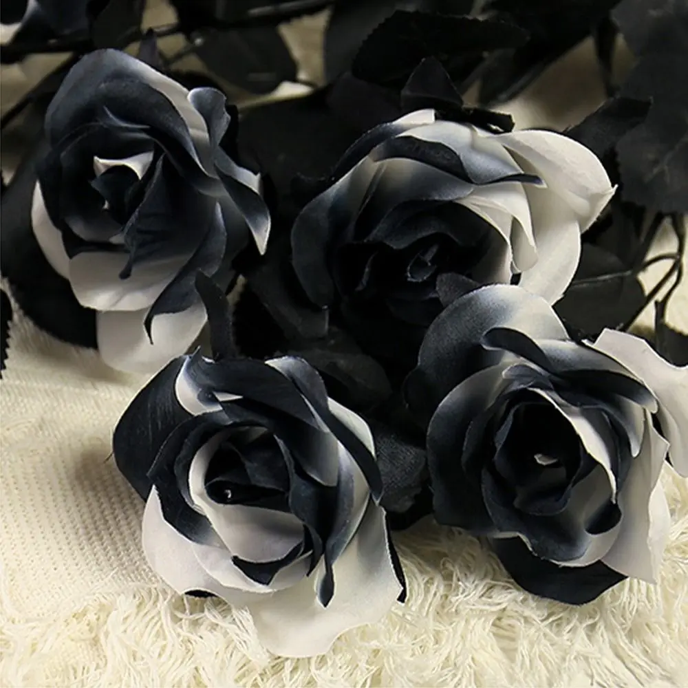 

Black White Halloween Artificial Rose Flowers Soft Silk Gothic Faux Flowers Exquisite Non-Fading Simulation Flowers