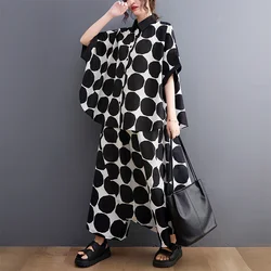 #2701 Summer Polka Dot Blouse And Wide Leg Pants Women Bat Sleeve Thin Korean Style Loose Two Piece Outfits Female Streetwear