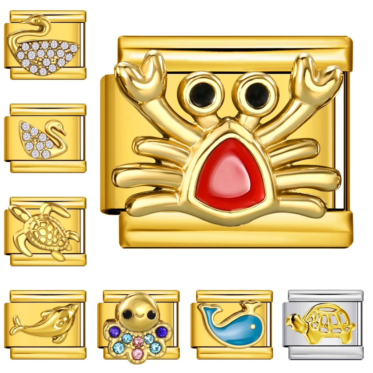 URING Tiere Krabbe Oktopus Delfin Seepferdchen DIY Italienische Charm-Anhänger Passend für 9mm Edelstahl-Armband Damen Herren Schmuck – Detail 1