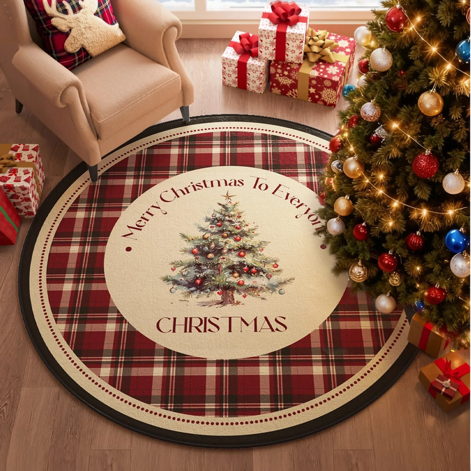Round Christmas Reindeer Rug – Non-Slip, Waterproof & Stain-Resistant Mat for Living Room Holiday Decor