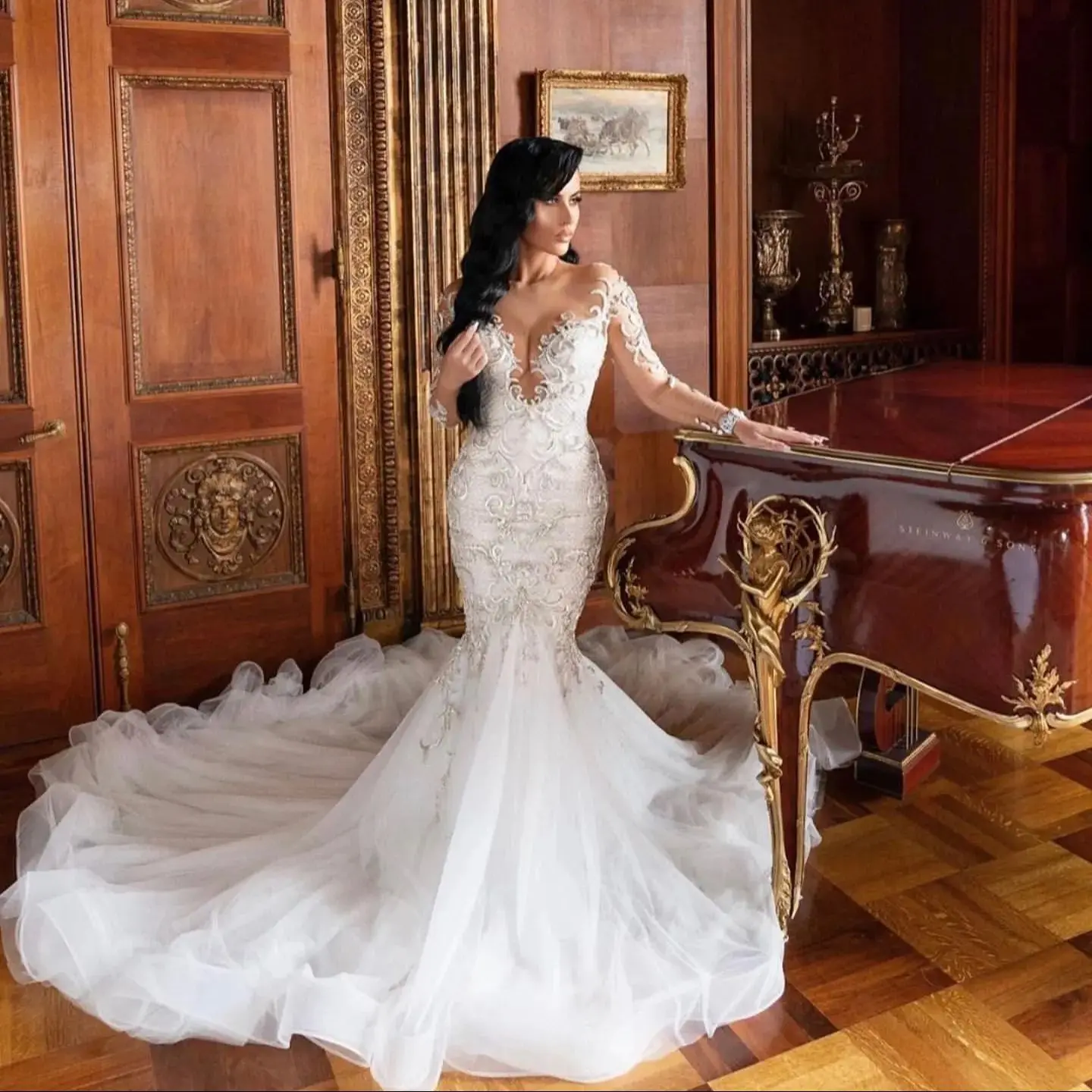 فساتين زفاف إسلامية أفريقية سوداء للفتيات حورية البحر بأكمام طويلة دانتيل Aso Ebi دبي فستان زفاف سعودي فيستدو دي نوفيا مخصص