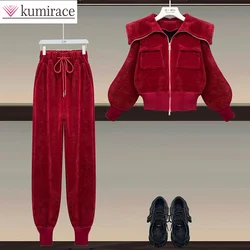 Set di velluto a coste da donna Primavera e autunno 2024 Nuovo collo alto Cappotto sottile Pantaloni casual a vita alta Set di due pezzi di vestiti per le donne