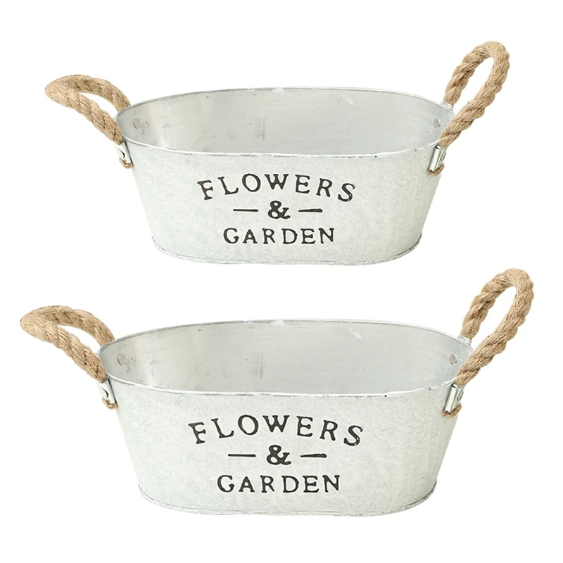 White Succulent Plant Container Rustic Bucket Flower Pot with Twine Handles Vintage Watering Pot Planting Gardening M21 23