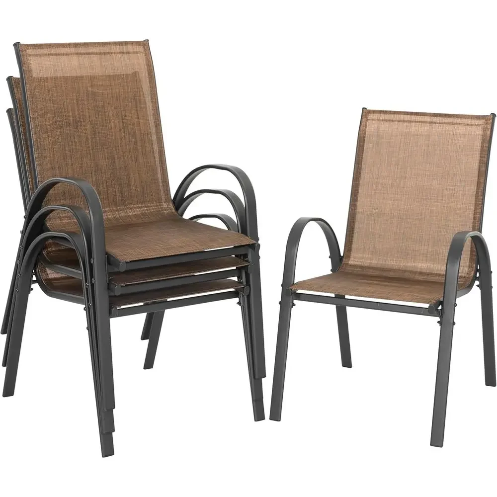 Sillas de Comedor Apilables para Patio Exterior con Respaldo Alto, Asientos de Textilene Resistentes a la Intemperie, Estructura Metálica, Transpirables para Jardín o Terraza, B