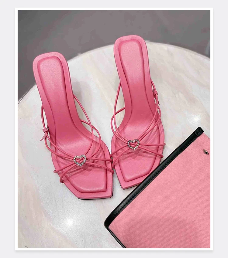 

Heart shaped crystal candy pink cool mop 2025 summer new style French square toe exposed toe thin heel slim strap high heels