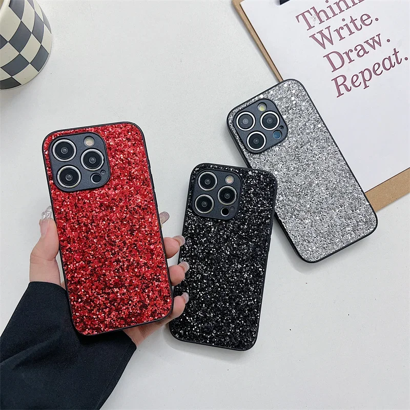 Custodia rigida per PC con glitter di lusso per iPhone 16 15 14 13 12 Mini 11 Pro Max Plus Fotocamera Protezione completa Cover posteriore antiurto