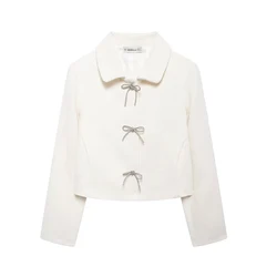 Willshela Women Fashion White Bow Single Breasted Jackets Vintage Lapel Neck Long Sleeves Female Chic Lady Outfits