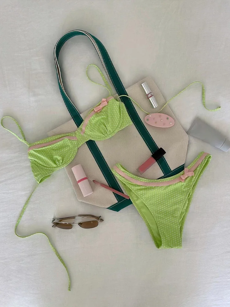 

Sexy Polka Dot Bow Backless Bikini 2 Piece Set Women Laced Up Split Swimsuit Beach Bikini 2025 New Summer Swimwear Bikinis Set
