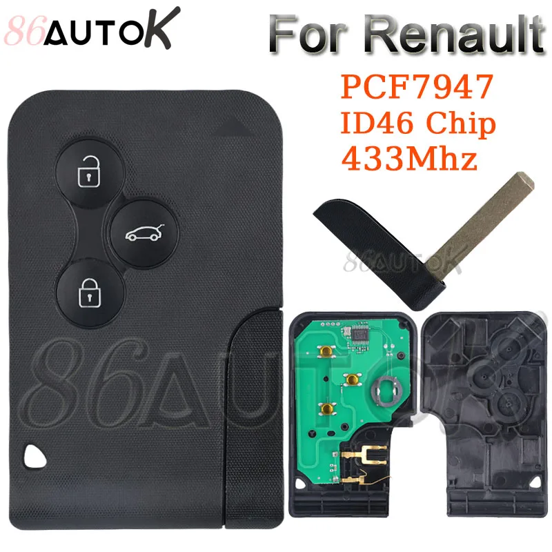 Klucz zdalny do Renault Megane 2 3 Scenic Clio Logan Auto Smart Card Key 433Mhz ID46 PCF7947 Chip Shell Case 2003 2008 3 przyciski