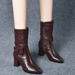 Boots woman winter 2023 Women's Boots Fashion Mid-tube Mother Boots Leather Pointed Platform Boots British Style Riding Boots