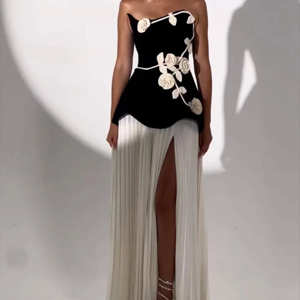 Fashion Evening Dress Customized Jersey Flowers Pleat Strapless A Line Evening Gowns Elegant Thigh Slit Wedding Party Dress