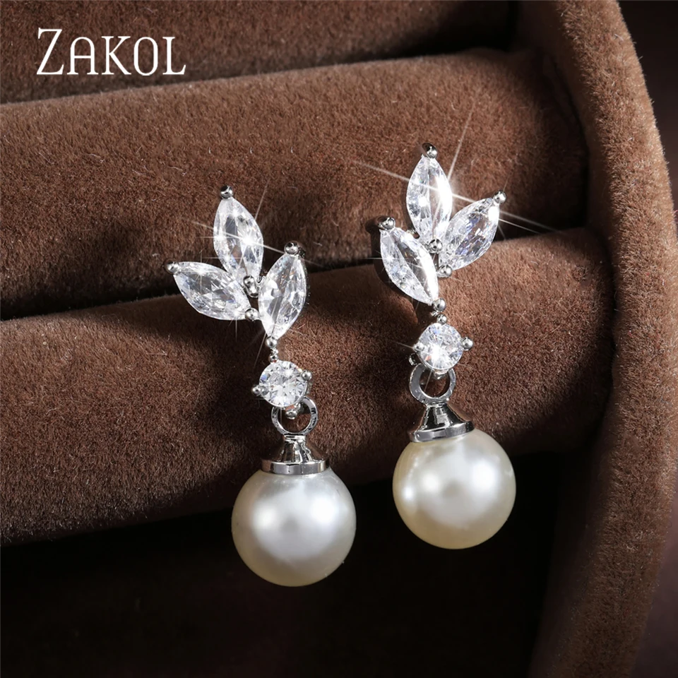 ZAKOL Simple Cubic Zirconia Pearl Bridal Earrings for Women Fashion Leaf Zircon Dangle Earring Wedding Engagement Jewelry