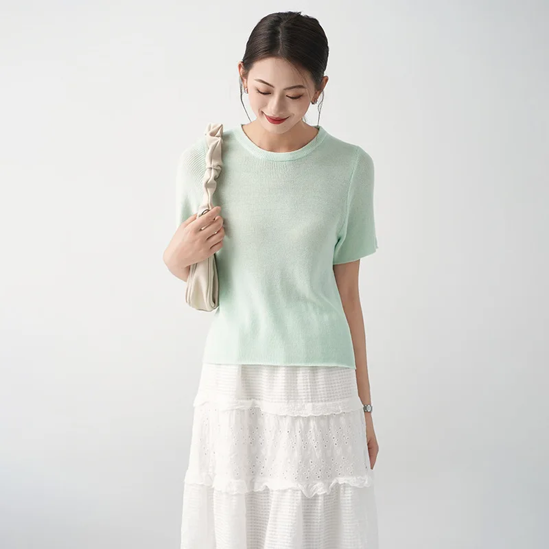 

2024 Ice Silk Short Sleeved Top For Women In Summer Fashionable Thin Breathable And Cool Green Round Neck Knitted Sweater свитер