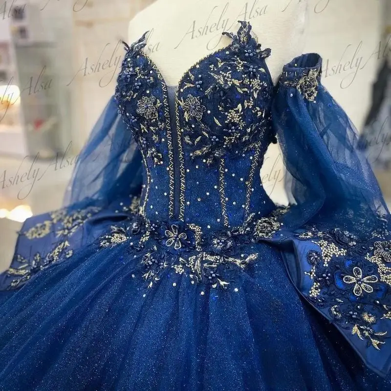 Customized Mexican Luxury Navy Blue Women Party Dresses Flower Applique Ball Gown Prom Occasion Wear Vestido De 15 Quinceanera