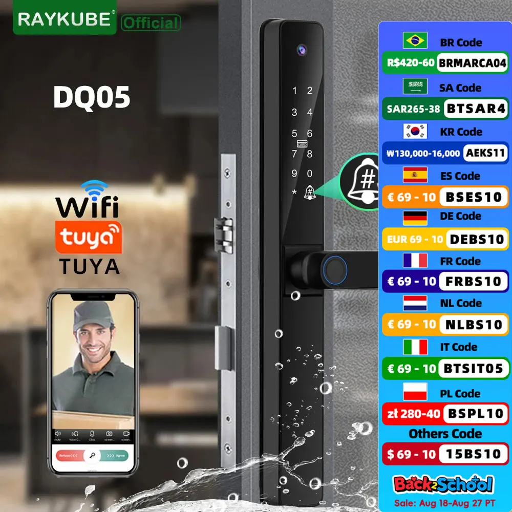 

Дверной замок RAYKUBE DQ05 IP66, алюминиевые замки с поддержкой Wi-Fi, с приложением для видеозвонков, сканером отпечатка пальца, паролем, IC Card и ключом