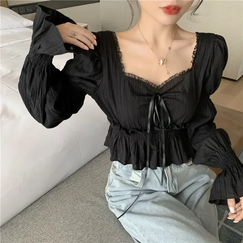 Blouse Women Fashion Korean Style Cropped Feminine Tender Slim Autumn Long Sleeve V-neck Lace Sweet Elegant Party Female Sexy