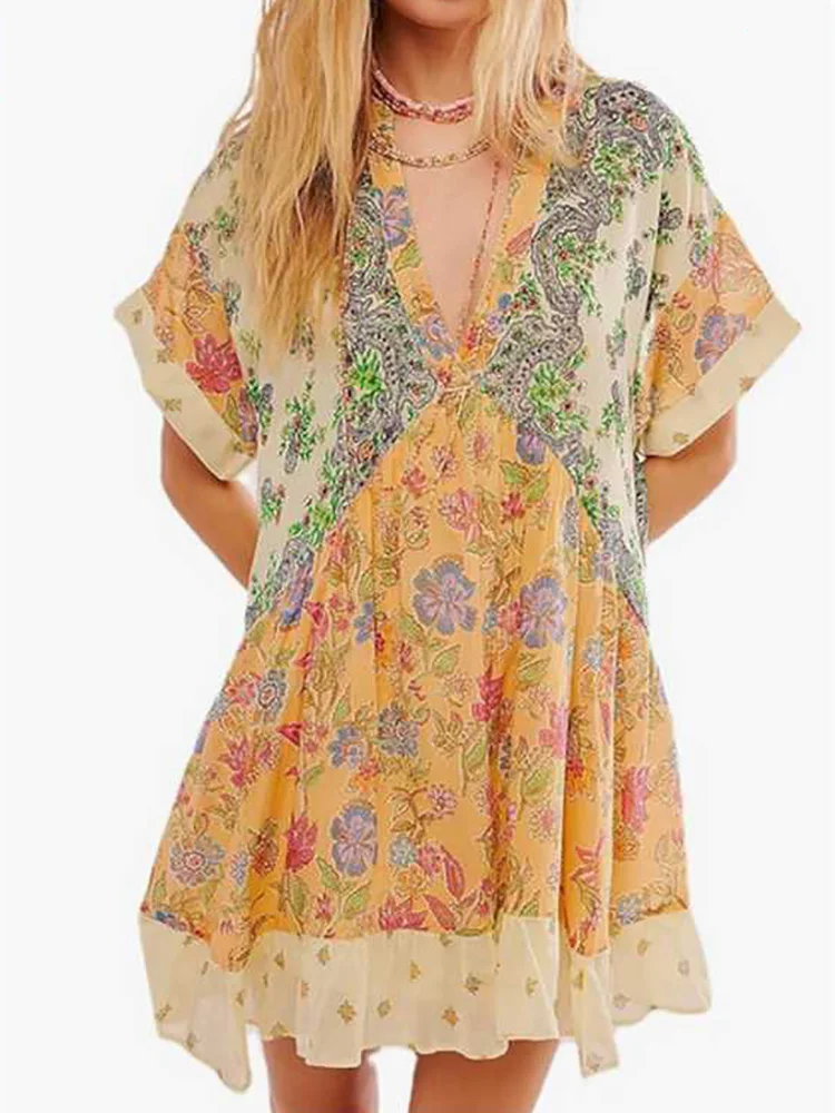 Damska patchworkowa sukienka na co dzień z krótkim rękawem, letnie wakacje, modna, prosta mini sukienka z nadrukiem, 2024 sukienka damska z głębokim dekoltem w szpic