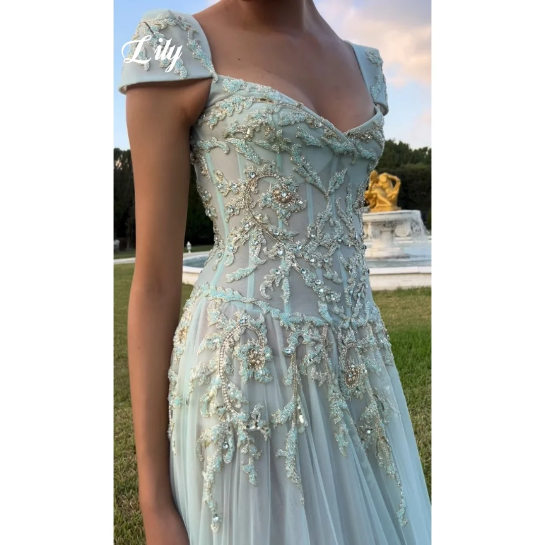 Lily Elegant Mint Green Prom Dress Sweetheart Neck Cap Sleeve Sheer Beaded Lace Tulle Trailing Formal Evening Gown Customized image 4
