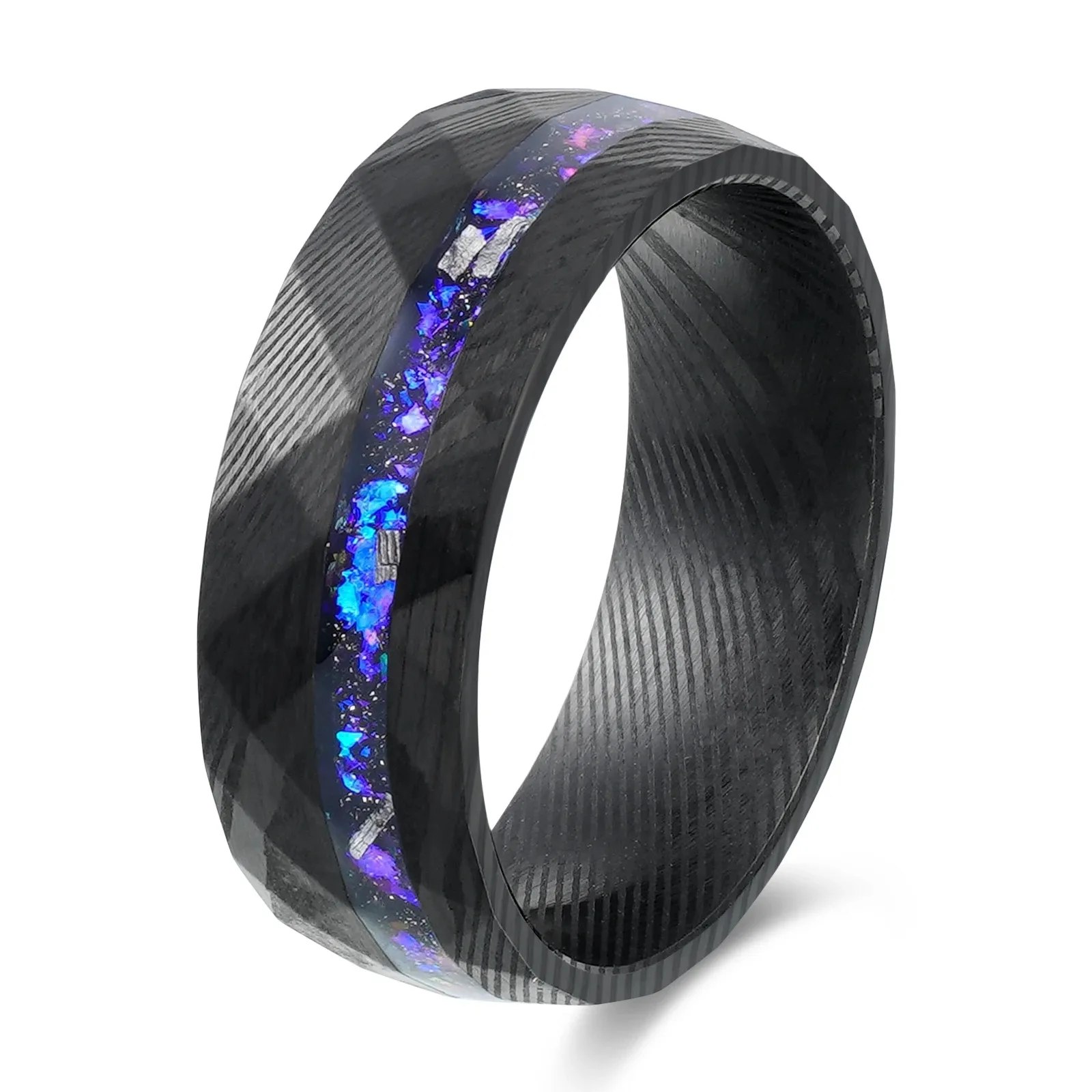 8mm Width Black Stainless Steel Rings for Men Etch Damascus Inlay Galaxy Meteorite Shaving Size 7-12 Comfort Fit Best Gift