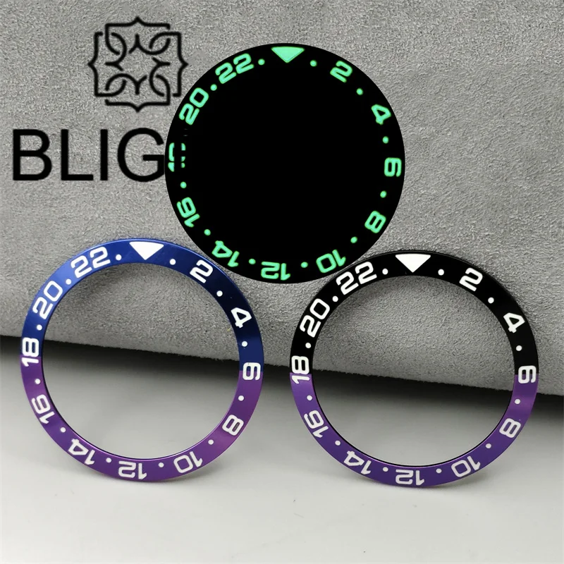 BLIGER 38mm Diameter Watch Bezel Black Purple Blue Purple Color With Green Luminous Fit 40mm Watch Case For Men' s Watch Parts