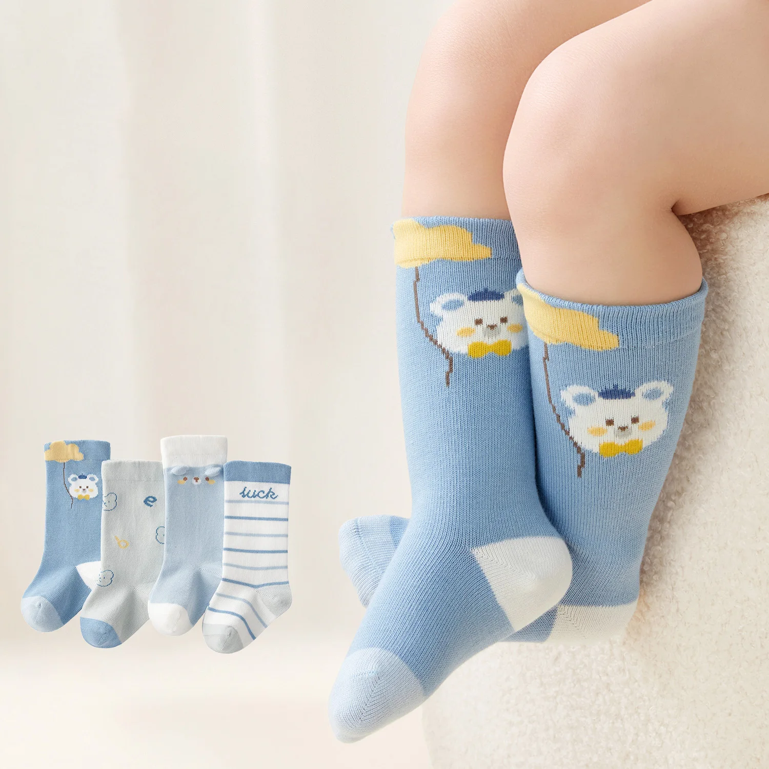 

Breathable Cotton Baby Socks Skin-friendly Cute Cartoon Blue Bear Newborn Leg Warmers Toddler Stockings 1-3T 4 pairs/1 box