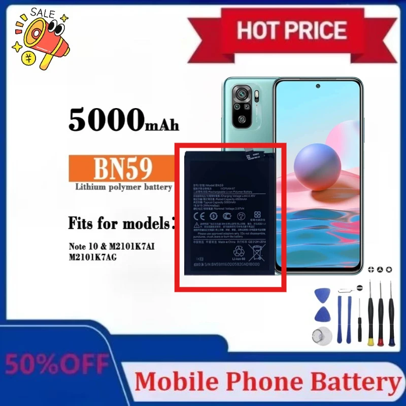 

Upgraded BN59 5000mAh Mobile Phone Battery for Xiaomi Redmi Note10 /10S / Note 10 Pro 10pro Phone Replacement Batteries + Tools