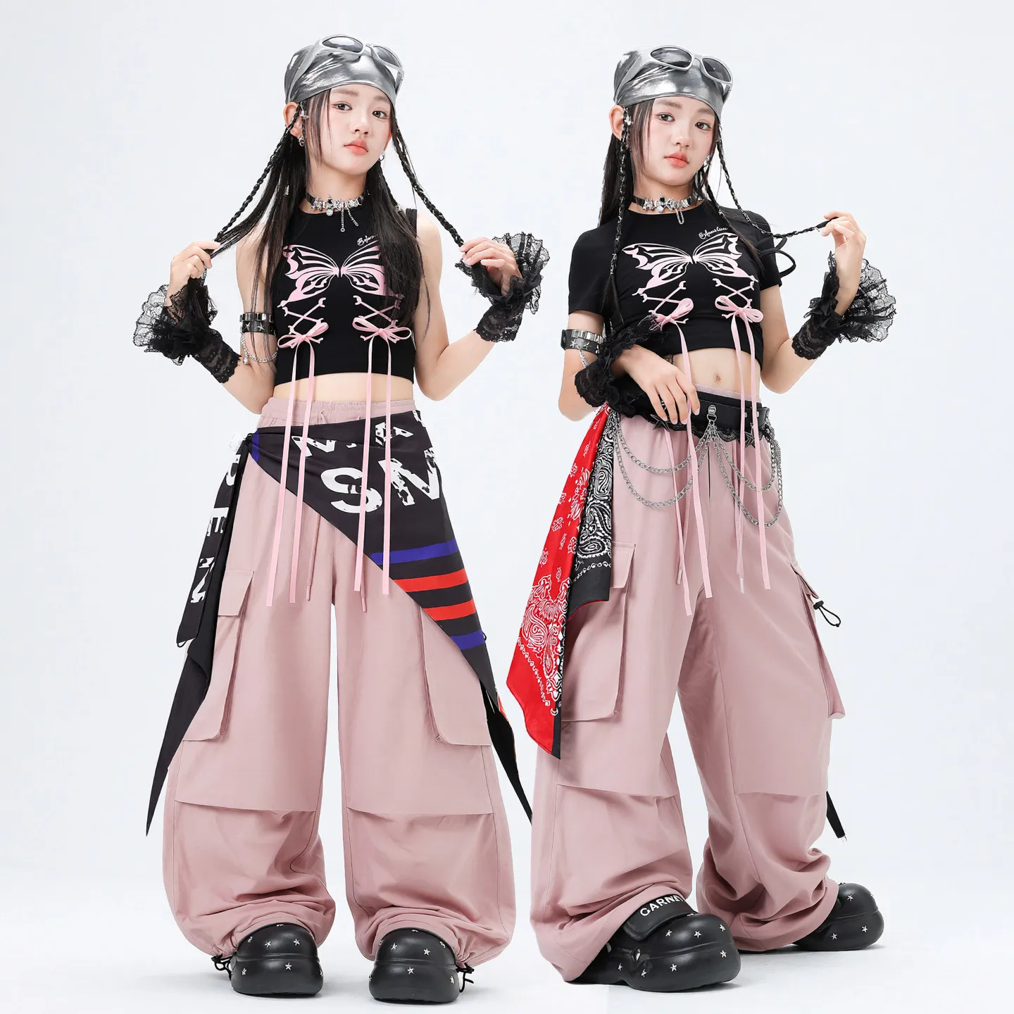 

Kids Jazz Dance Costumes For Girls Group Black Crop Tops Pink Cargo Pants Suit Children Ballroom Hip Hop Dance Clothing DQS23561