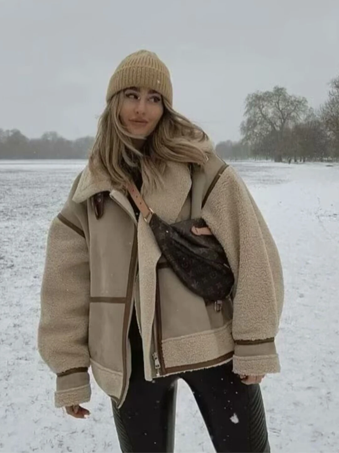 

Women's Lamb Fur Jaet Winter Thiened Warm Motorcycle Sle Loose Fit Cotton Coat Street Sle Zipper ket Pure Color