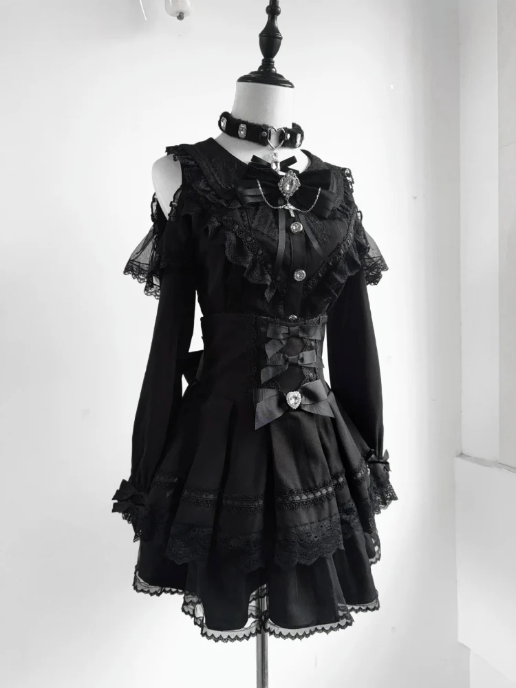 

Japanese Kawaii Lolita Rhinestone Bow Dress Set Women Retro Sweet Lace Off Shoulder Shirt Gothic Y2k Mini Cake Skirt Suit 2025