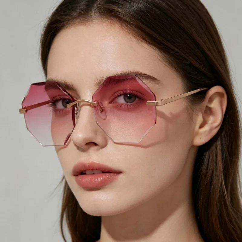 Metal frame hexagonal gradient pink glasses UV resistant polygonal women's fashion sunglasses