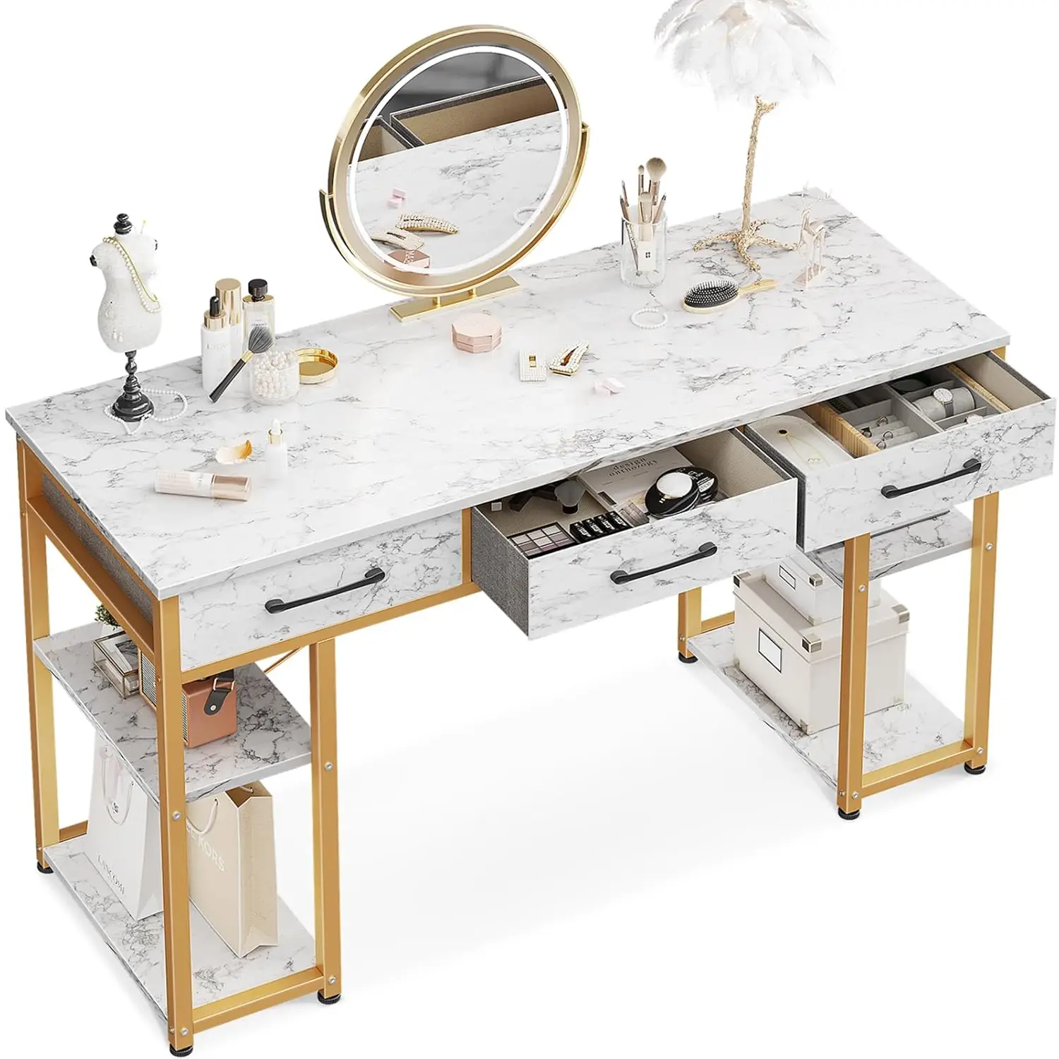 

3 Fabric Drawers Storage Shelves Vanity Desk Modern Writing Desk Bedroom Home Office 48x16 White Gold No Mirror, Customized